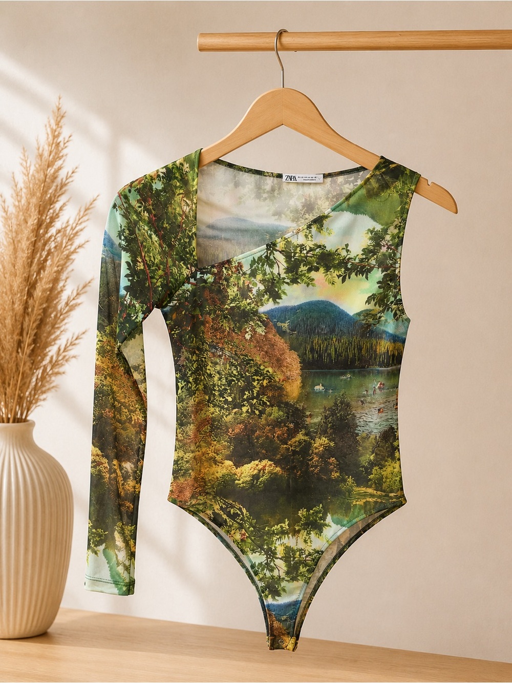 ZARA Scenic Print One-Shoulder Bodysuit – Size Medium (New Without Tags)
